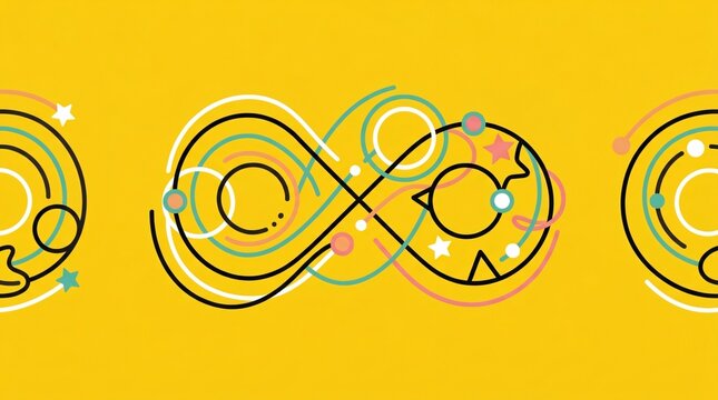 Symbole d'infini abstrait et g&eacute;om&eacute;trique sur fond jaune, illustration vectorielle pour rentr&eacute;e scolaire, math&eacute;matiques, cr&eacute;ativit&eacute; et apprentissage continu.