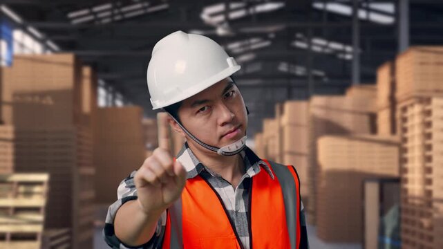 Close Up Of Asian Male Engineer With Safety Helmet Disapproving With No Index Finger Sign While Standing with Stacked Wooden Pallets