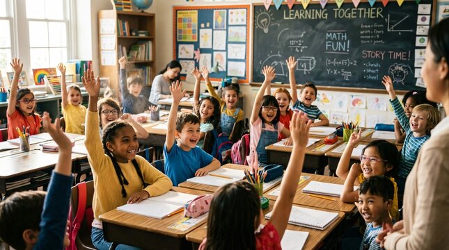 &Eacute;l&egrave;ves de primaire enthousiastes levant la main en classe face &agrave; leur institutrice, rentr&eacute;e scolaire, apprentissage interactif et diversit&eacute; dans la salle de cours.