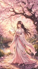 Fototapeta premium Beautiful anime woman in a flowing pink dress standing beneath blooming cherry blossoms in a peaceful spring landscape filled with warm sunlight.