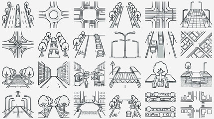 Obraz premium Minimalist Black and White Line Drawing Icons Set of Urban Infrastructure and City Life Elements