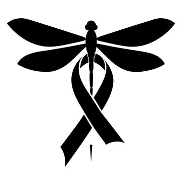 Dragonfly awareness ribbon silhouette, black insect memorial symbol vector, cancer support and hope graphic, spiritual dragonfly icon