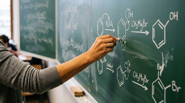 Enseignant &eacute;crivant des formules de chimie au tableau vert &agrave; la craie, cours universitaire, rentr&eacute;e scolaire, &eacute;ducation scientifique et apprentissage.
