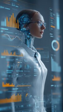 Futuristic AI Female Robot with Data Visualization