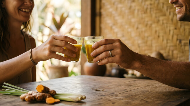Two hands clink small glasses of golden turmeric jamu herbal drink together at a rustic wooden table with fresh turmeric and lemongrass.