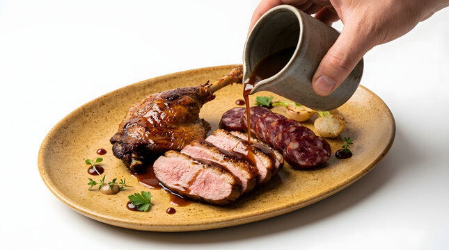 Rich brown jus is poured over a plated duck confit with sliced duck breast and sausage on an oval ceramic plate.