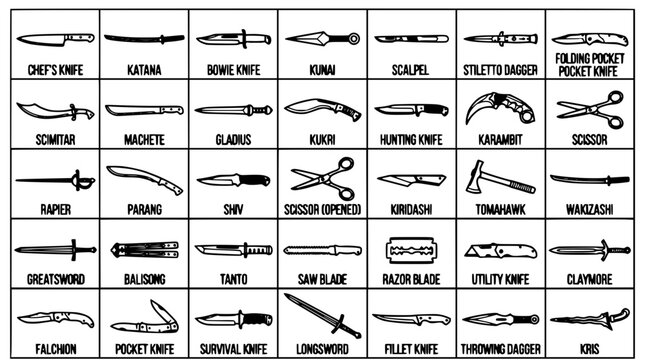 Knives and Blades with Various Designs and Purposes in a Grid Layout Featuring Knife, Blade, Design with Weapon and Tool Elements