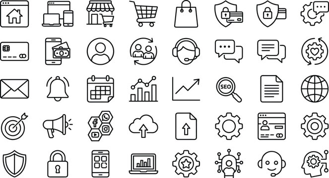 E commerce and digital marketing line icons set featuring shopping carts analytics charts security locks support services and web business symbols
