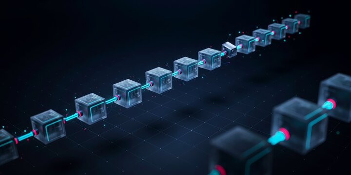 Digital blockchain network with connected glowing blue cubes on dark background