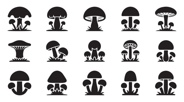 Assorted mushroom outlines with grassy bases for nature and garden themes.