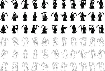 Fototapeta premium Collection of grim reaper silhouettes and line art icons for a spooky halloween vector graphic design project set