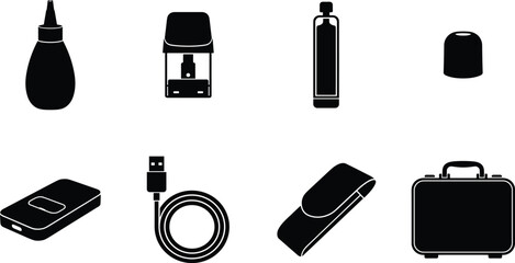 Minimalist black silhouette collection of everyday objects including bottles, cables, cases, and travel accessories for modern icon design © MdMorsalin
