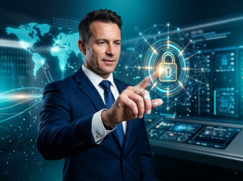 Businessman interacting with holographic startup coding icons and financial data dashboard