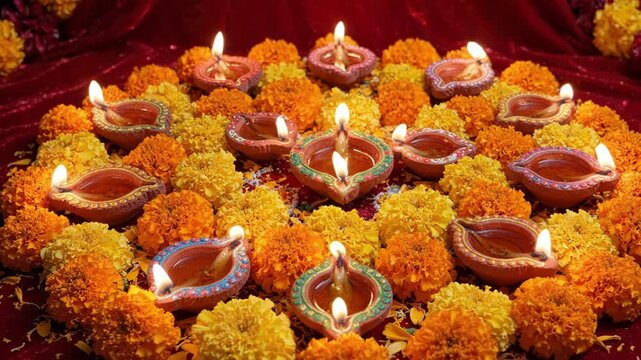 Traditional diwali diya lamps arranged with marigold flowers