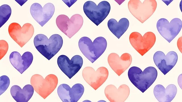 A seamless pattern featuring colorful watercolor hearts on a light background