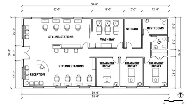 Architectural floor plan of a hair salon and spa, professional beauty parlor blueprint with styling stations, wash bay and treatment rooms