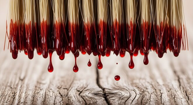 Red liquid dripping from glass pipettes over wooden surface.