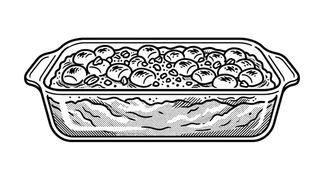 A hand drawn illustration of a rectangular casserole dish filled with baked food.