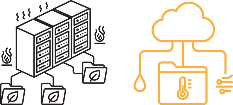Server rack overheating and eco friendly cloud computing vector icon set for green IT and data cooling management