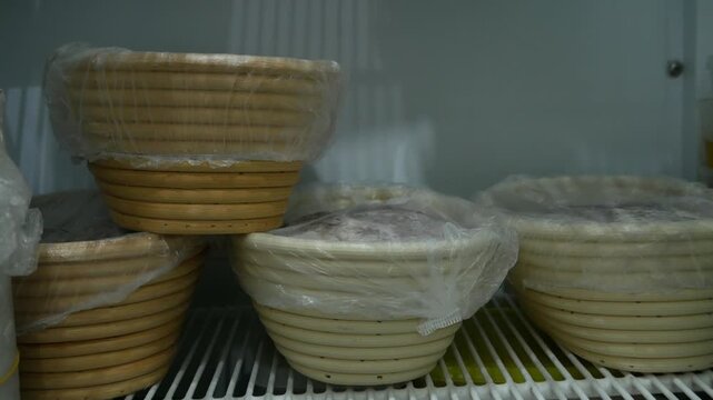 Bread Dough Proofing in Banneton Baskets Inside Refrigerator, Bakery Fermentation Process