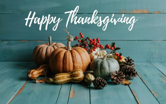 Rustic thanksgiving day greeting card featuring pumpkins and autumn decorations on a weathered blue wooden background