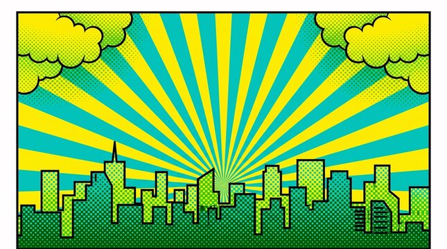 Fresh green skyline featuring bright radial burst rays and comic clouds. Perfect for sustainability campaigns, eco-friendly branding, presentations, and promotional materials.