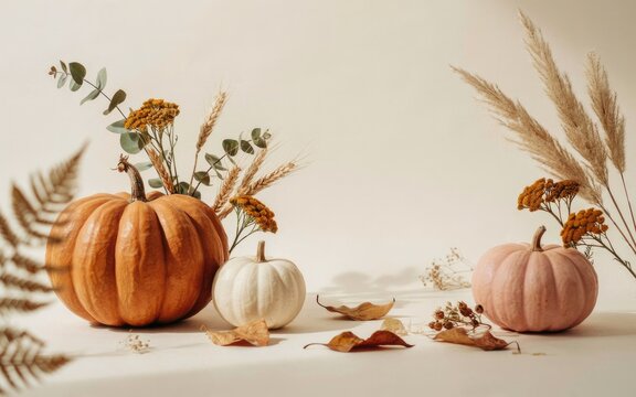 Beautiful thanksgiving day composition with pumpkins and dried flowers on a neutral beige background for celebration