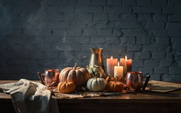 Rustic thanksgiving day table setting with pumpkins candles and autumn decorations on a dark wooden background