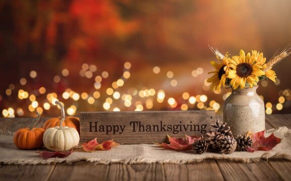 Rustic wooden sign with happy thanksgiving day text surrounded by autumn decorations and warm fairy lights