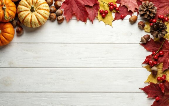 Rustic white wooden background decorated with autumn leaves and pumpkins for a festive thanksgiving day celebration