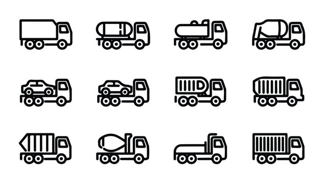 Industrial heavy machinery and construction truck line icons collection on transparent back.