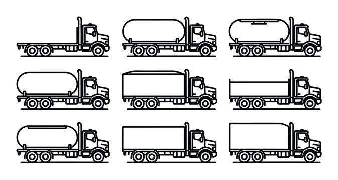 Outline icons of different trucks on transparent background vector art.
