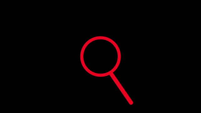 red search agnifying glass search icon animation on black screen background for investigation concept