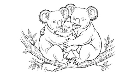 Koala family coloring page vector, cute koala bears hugging on tree branch, black and white line art illustration for kids activity book © Shahzad