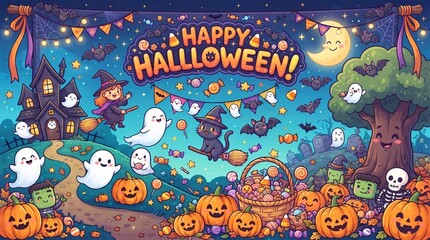 Fototapeta premium A children’s Halloween banner with cartoon ghosts, pumpkins, candy, and cheerful bats in a bright friendly style, fun seasonal design, 8k.