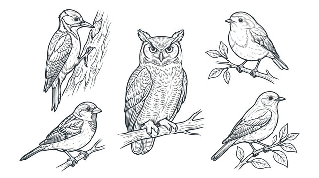 Vintage bird illustrations set, hand drawn owl and woodpecker sketches, 5 detailed avian vector line art elements for coloring books and nature designs
