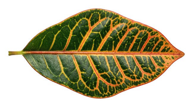 Vibrant multicolored croton leaf showcasing intricate green, yellow, and red isolated transparent background image