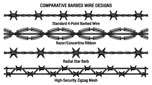 Barbed Wire Designs Comparison Illustration Showing Different Types of Security Fencing Wire Featuring Standard, Razor