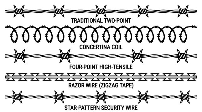 Barbed Wire Types Including Traditional Two-Point, Concertina Coil, Four-Point High-Tensile, Razor Wire, and Star-Pattern Security