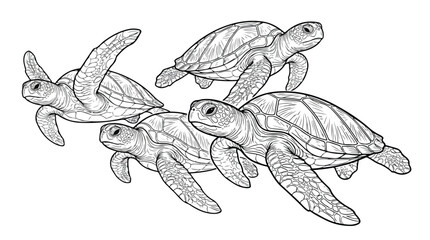 Sea turtle line art illustration, group of four swimming marine turtles, black and white aquatic reptile vector for coloring book or logo design © Noman