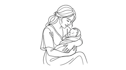 Obraz premium Minimalist line art of mother holding newborn baby, elegant continuous line drawing of woman and infant, maternal love and childcare vector illustration