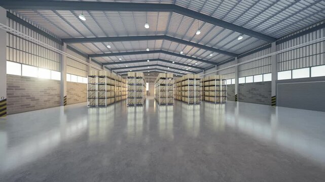 3D correctly detail warehouse interior with stocked shelving, slow rotating camera, organized inventory, logistics facility, commercial distribution center, concrete floor, supply chain operations.