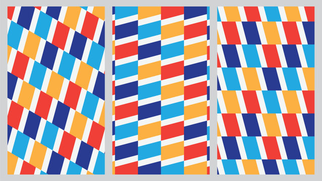 Modern collection of colorful seamless geometric patterns featuring diagonal rectangles and tiled block arrangements. Ideal for branding, packaging, textiles, wallpapers, and contemporary graphic 