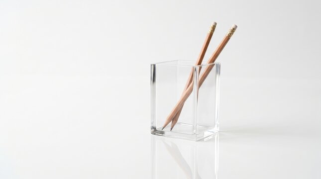 Minimalist office desk with wooden pencils in a glass holder on white surface ideal for business branding, website hero header, and educational materials