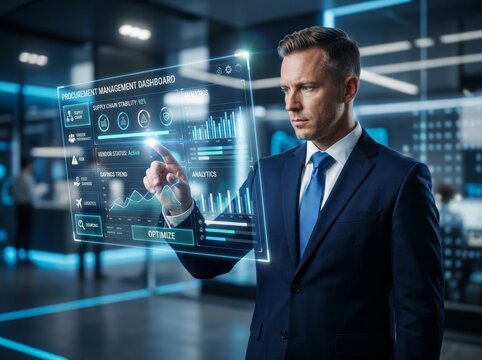 Businessman Interacting With Enterprise Information Management System Digital Interface In Modern Office