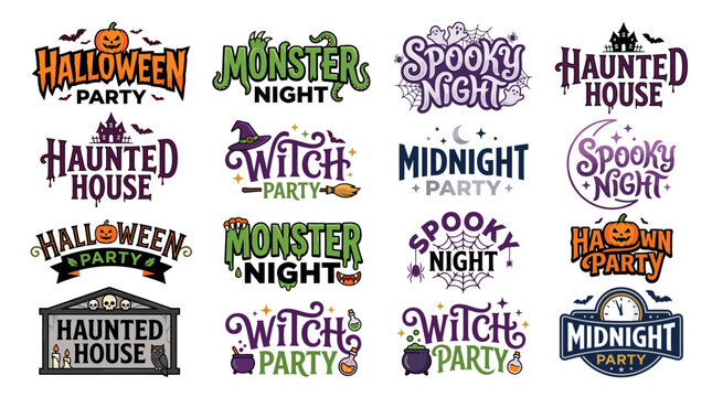 A collection of Halloween party and spooky night themed logos and typography designs featuring pumpkins, witches, and haunted houses.