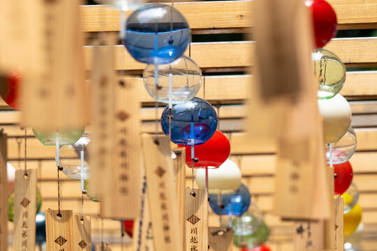 Colorful Glass Wind Chimes at Kawagoe Hikawa Shrine, Japan