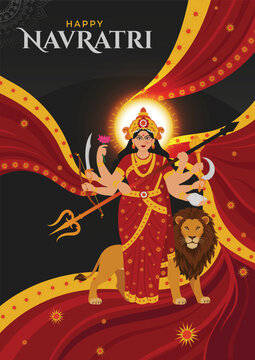 Happy Navratri Celebration Poster Goddess Durga Full Body Illustration With Free Flowing Saree  and Lion