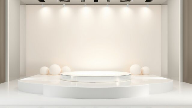Minimalist stage setup. White platform, spheres, spotlights illuminate blank wall. Clean design, modern presentation space.