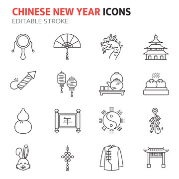 Chinese New Year Icons Set, Editable Stroke.